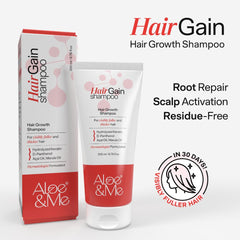 Aloe&Me HairGain Hair Growth Shampoo bottle and box, for root repair and scalp activation