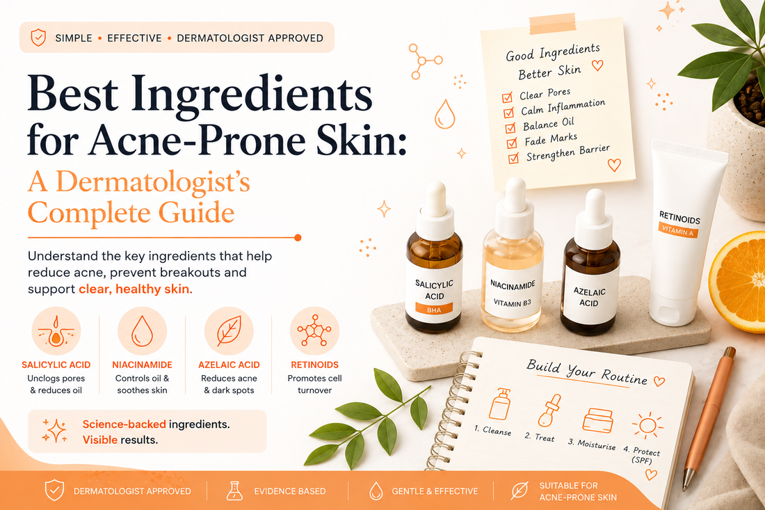 Best ingredients for acne-prone skin featuring salicylic acid, niacinamide, azelaic acid and retinoids in a dermatologist-approved skincare guide.