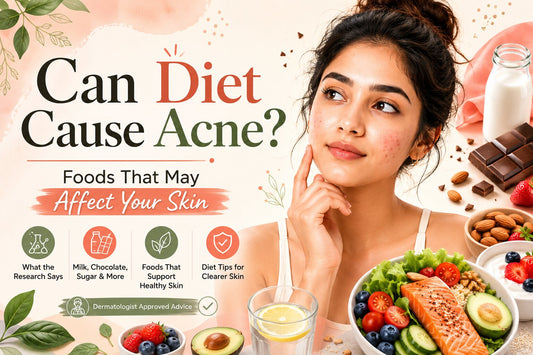 Can diet cause acne cover image showing foods commonly associated with acne and dermatologist-backed nutrition advice.