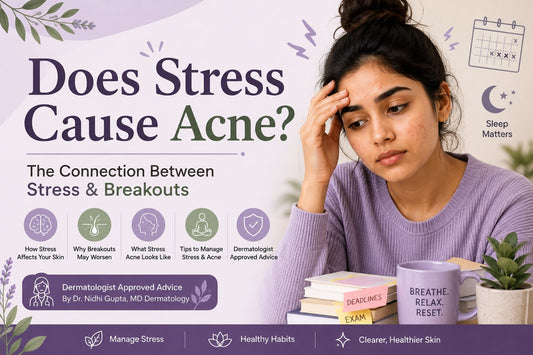 Does stress cause acne cover image showing a young Indian woman and dermatologist-backed information about stress and breakouts.