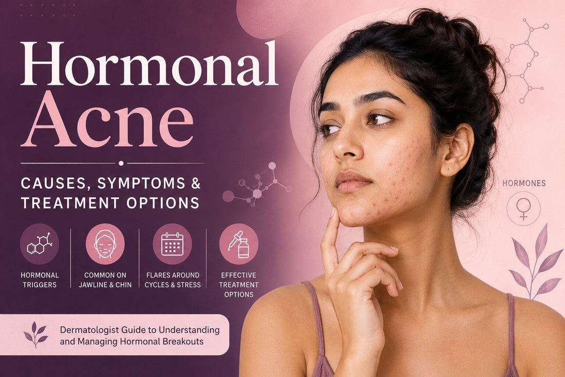 Hormonal acne cover image showing a young Indian woman with jawline acne and dermatologist-approved information about causes and treatment.