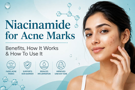 Niacinamide for acne marks cover image showing a young Indian woman and dermatologist-approved skincare for post-acne pigmentation.
