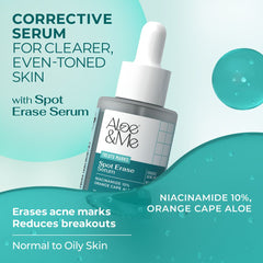 Aloe&Me Spot Erase Serum dropper bottle with Niacinamide 10% and Orange Cape Aloe, for normal to oily skin