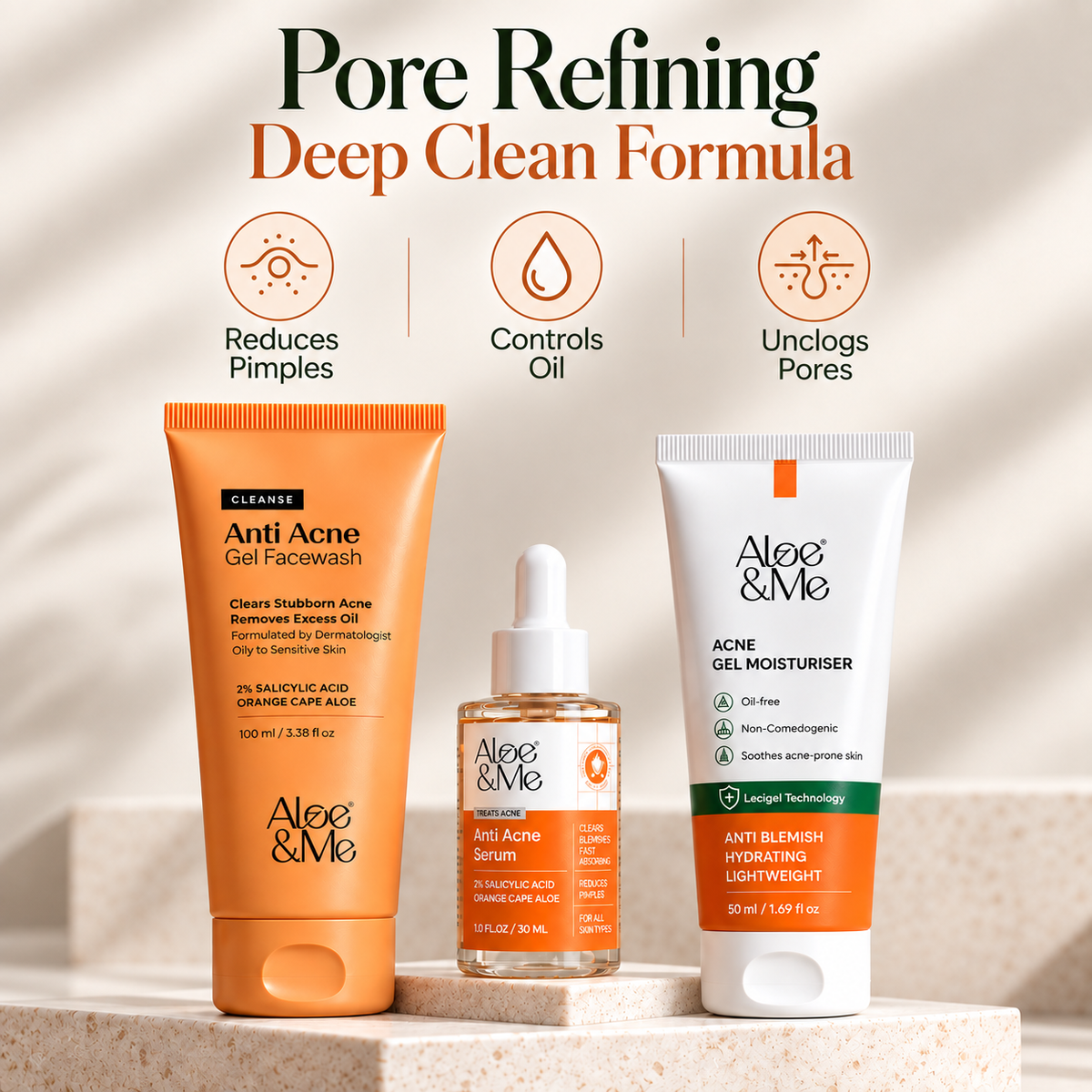 Aloe&Me 3-Step Anti-Acne Kit benefits: reduces pimples, controls oil, and unclogs pores