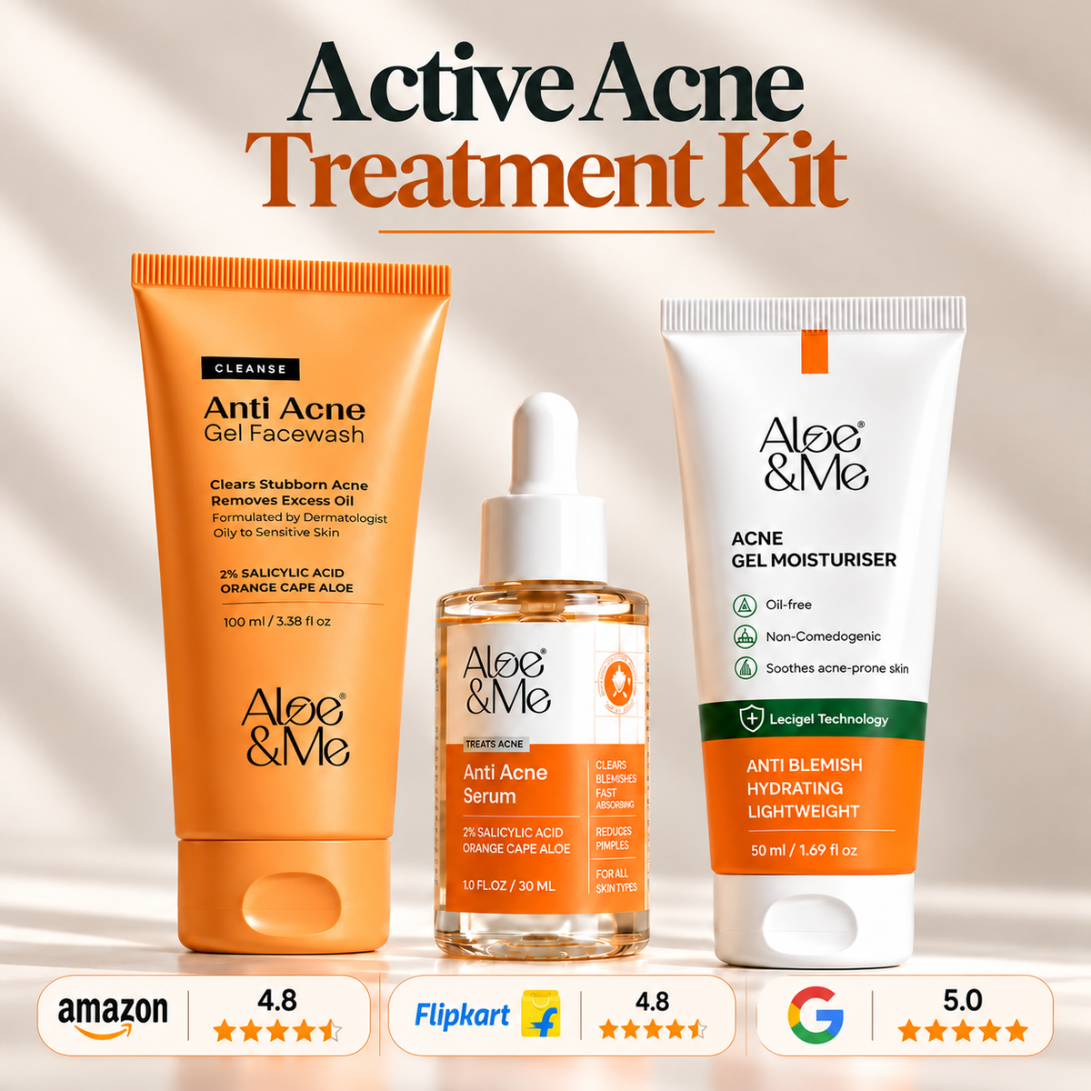 Aloe&Me 3-Step Anti-Acne Kit — Anti Acne Gel Facewash, Anti Acne Serum, and Acne Gel Moisturiser