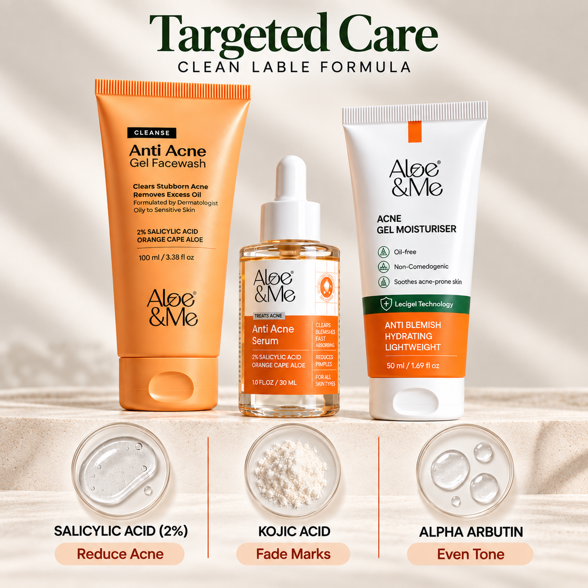 Key ingredients in the Aloe&Me 3-Step Anti-Acne Kit: 2% Salicylic Acid to reduce acne, Kojic Acid to fade marks, and Neem Extract to purify skin