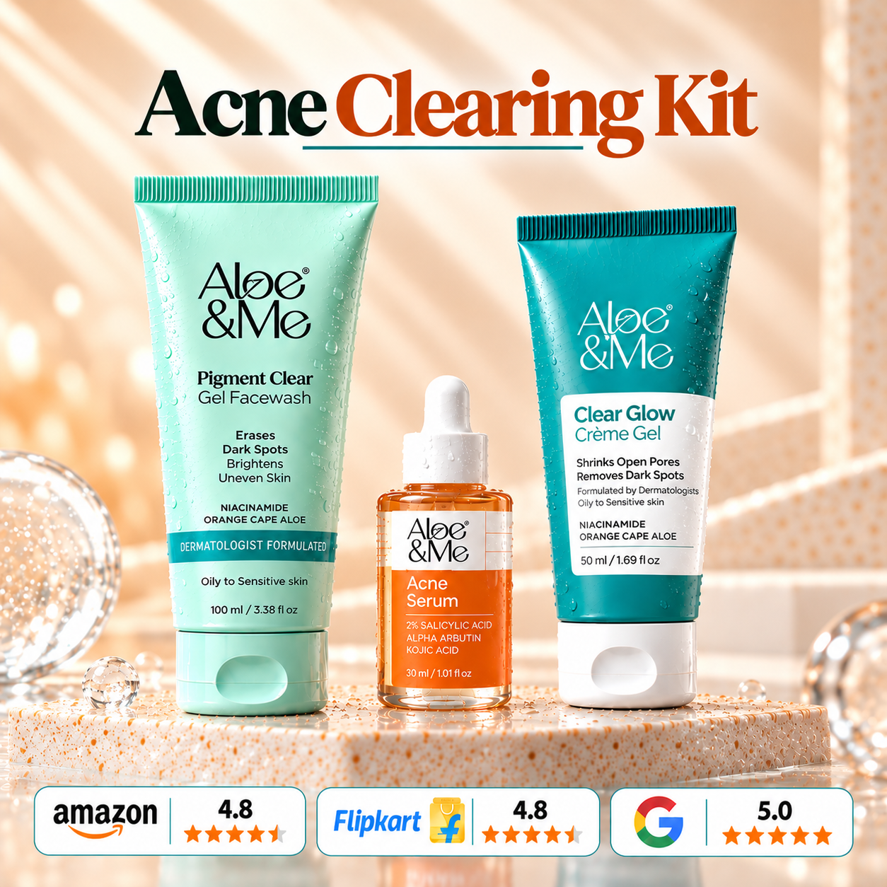 Aloe&Me Acne Clearing Kit featuring Pigment Clear Facewash, Acne Serum, and Clear Glow Crème Gel, alongside Amazon, Flipkart, and Google ratings.