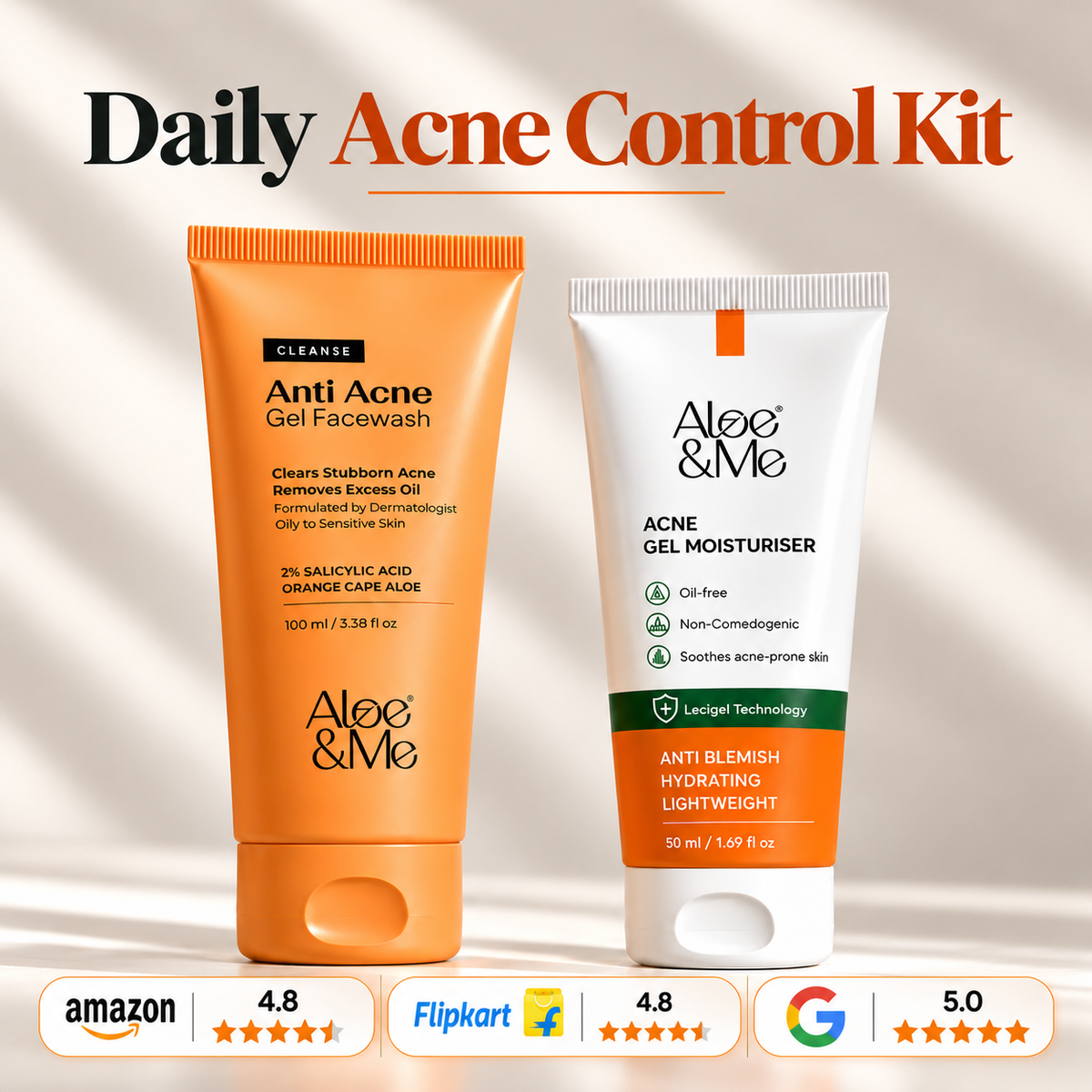 Aloe&Me Daily Acne Control Kit featuring Anti Acne Gel Facewash and Acne Gel Moisturiser with Amazon 4.8, Flipkart 4.8 and Google 5.0 ratings