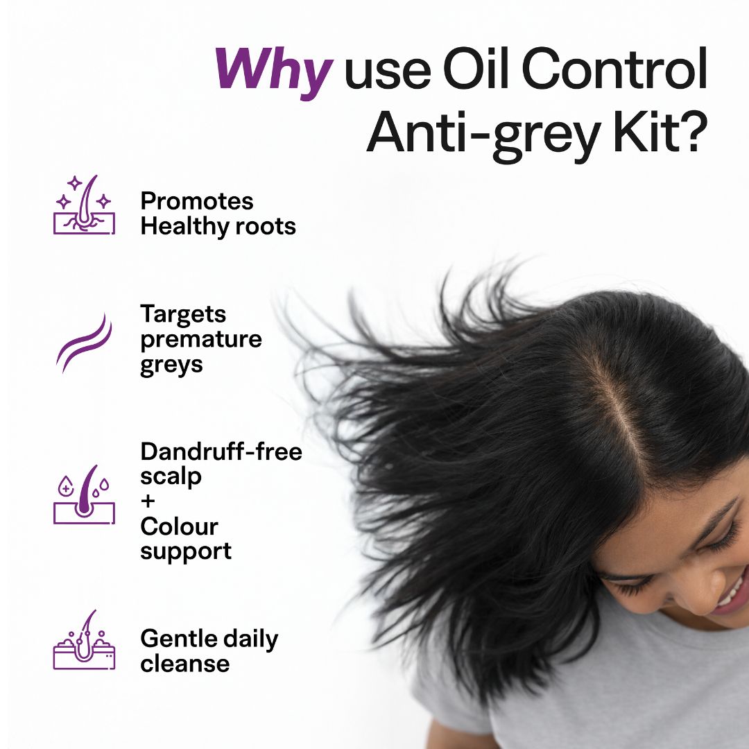 Oil Control Anti-Grey Hair Kit with Black Serum | Oily Scalp Premature Greying Care