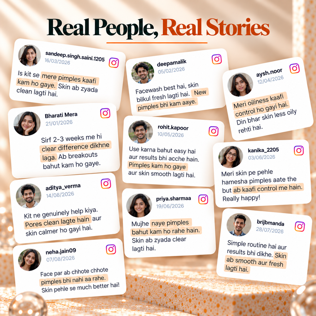 Aloe&Me acne kit customer testimonial collage featuring 10 Instagram-style reviews in simple Hinglish about reduced pimples, less oily skin, fewer breakouts, and clearer-looking skin