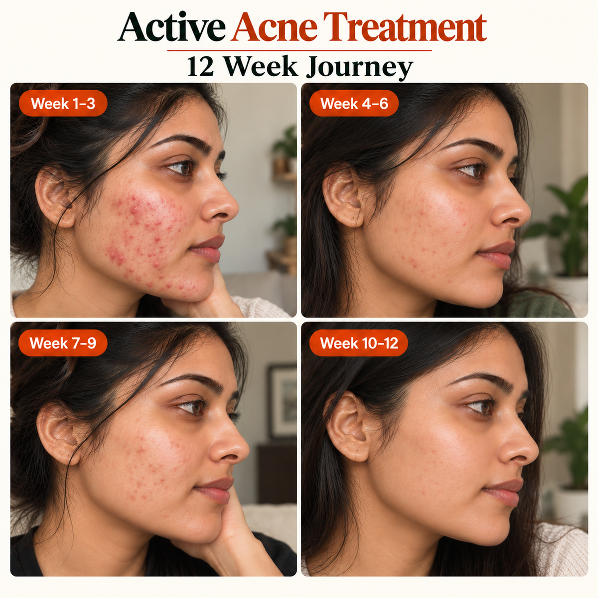 Advanced Acne Kit 12-week journey showing gradual improvement in acne, redness and post-acne marks from week 1 to week 12