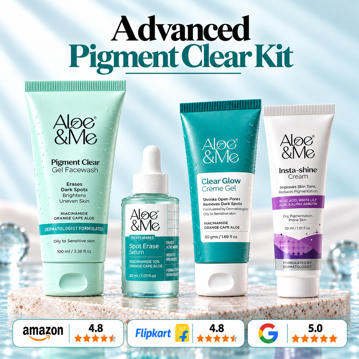 Aloe&Me Advanced Pigment Clear Kit featuring Pigment Clear Facewash, Spot Erase Serum, Clear Glow Crème Gel, and Insta-Shine Cream, with Amazon, Flipkart and Google ratings on a light aqua background.