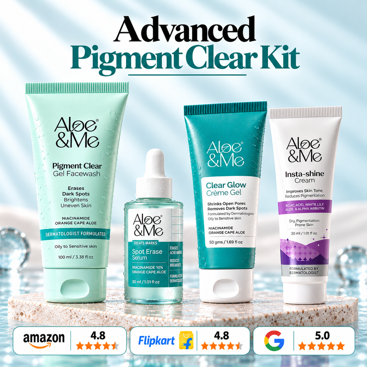 Aloe&Me Advanced Pigment Clear Kit featuring Pigment Clear Facewash, Spot Erase Serum, Clear Glow Crème Gel, and Insta-Shine Cream, with Amazon, Flipkart and Google ratings on a light aqua background.
