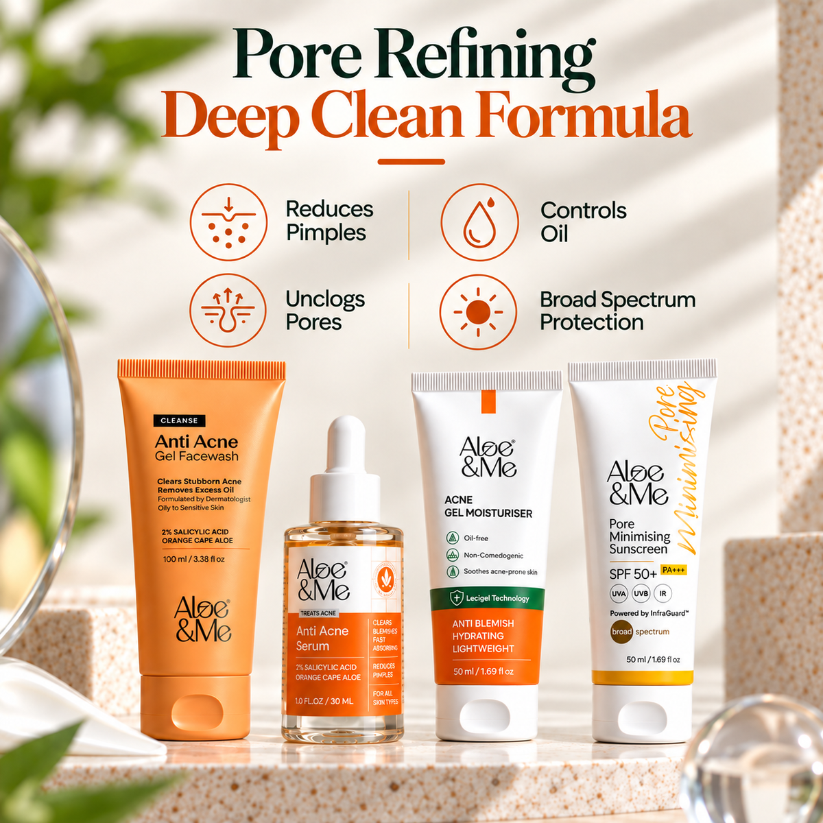Benefits of the Aloe&Me 4-Step Anti-Acne Kit: fewer breakouts, oil control and sun protection