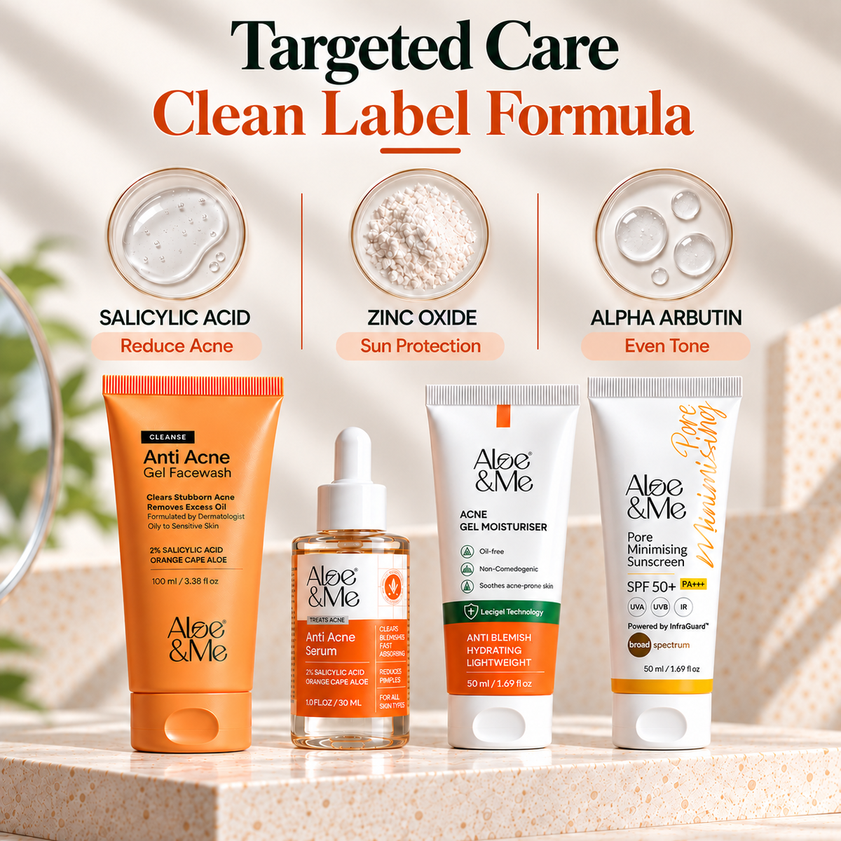 Key ingredients in the Aloe&Me 4-Step Anti-Acne Kit with sunscreen for acne-prone skin