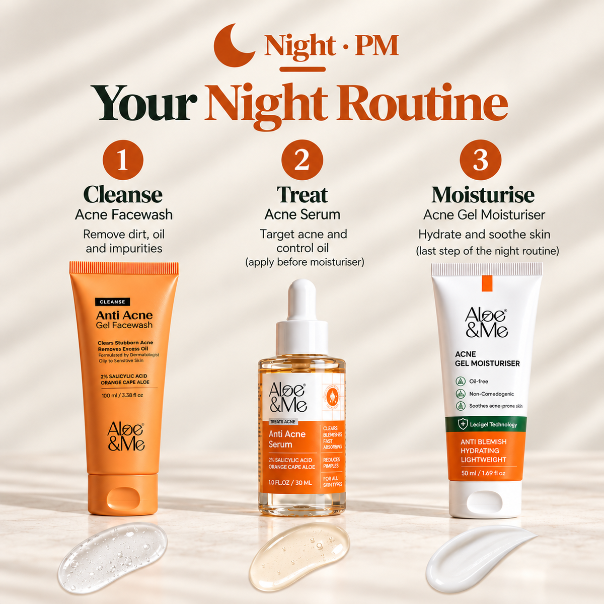 Night (PM) routine steps for the Aloe&Me 4-Step Anti-Acne Kit to reduce breakouts