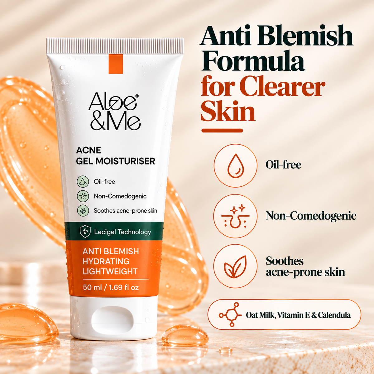 Aloe&Me Acne Gel Moisturiser benefits: oil-free, non-comedogenic, and soothes acne-prone skin, formulated with Shea Butter and Calendula Extract