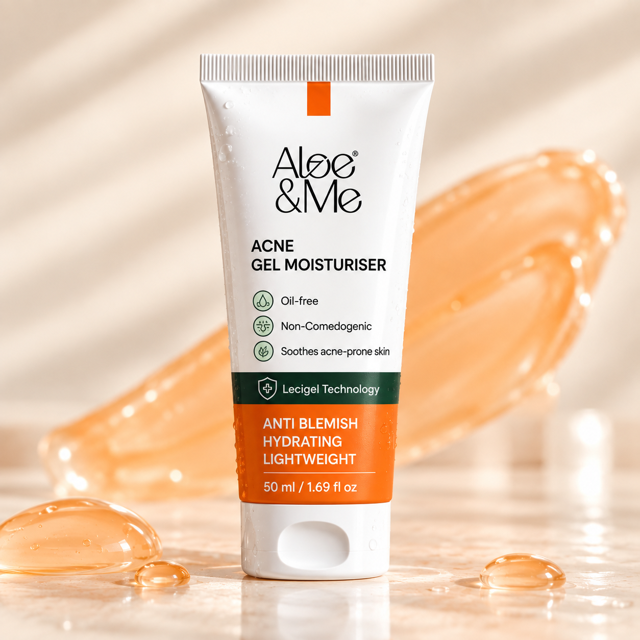 Aloe&Me Acne Gel Moisturiser tube with Shea Butter and Calendula Extract, 50ml, on a warm cream-toned background