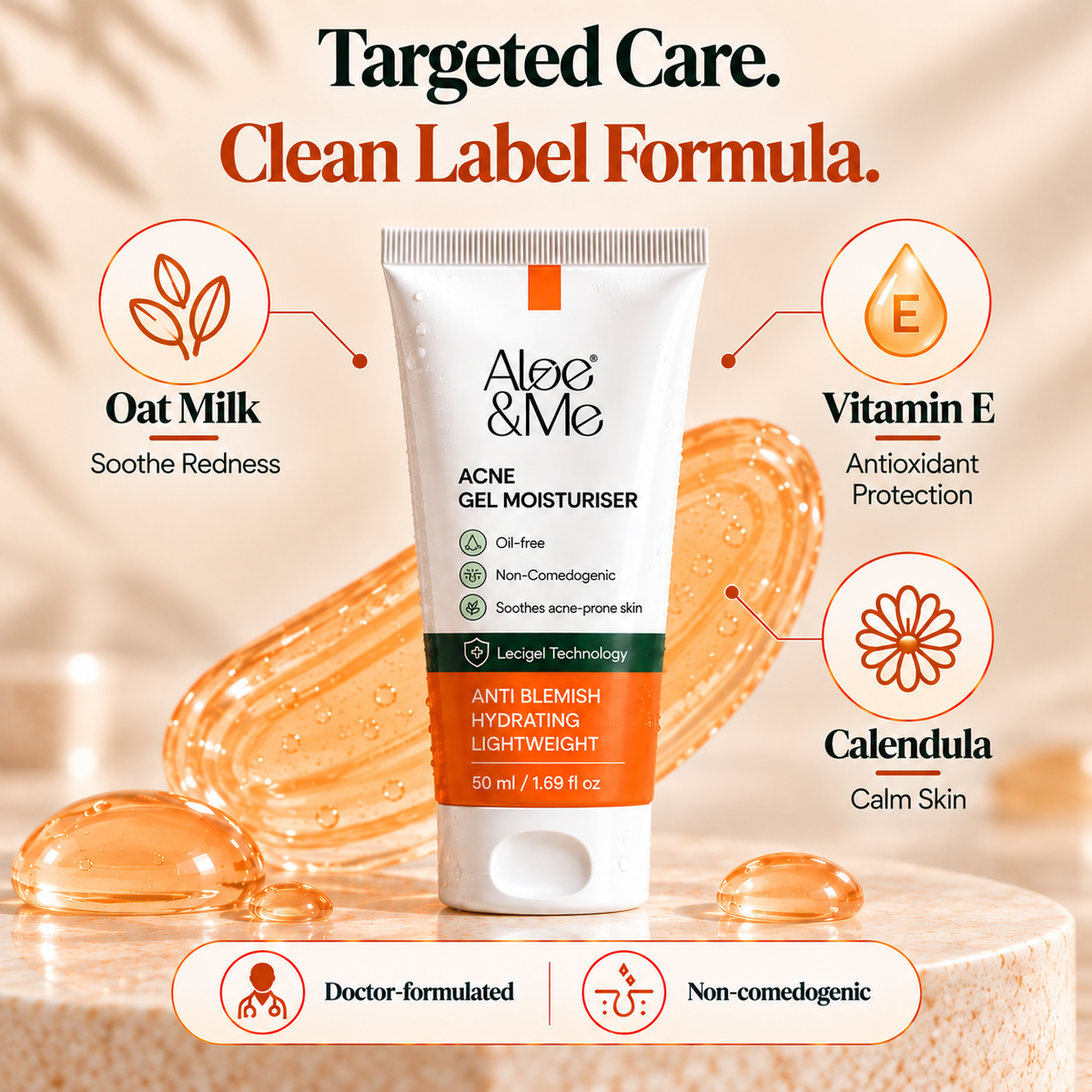 Aloe&Me Acne Gel Moisturiser key ingredients: Shea Butter for deep hydration, Calendula to calm skin, and Oat Milk to soothe redness — Doctor-formulated, non-comedogenic