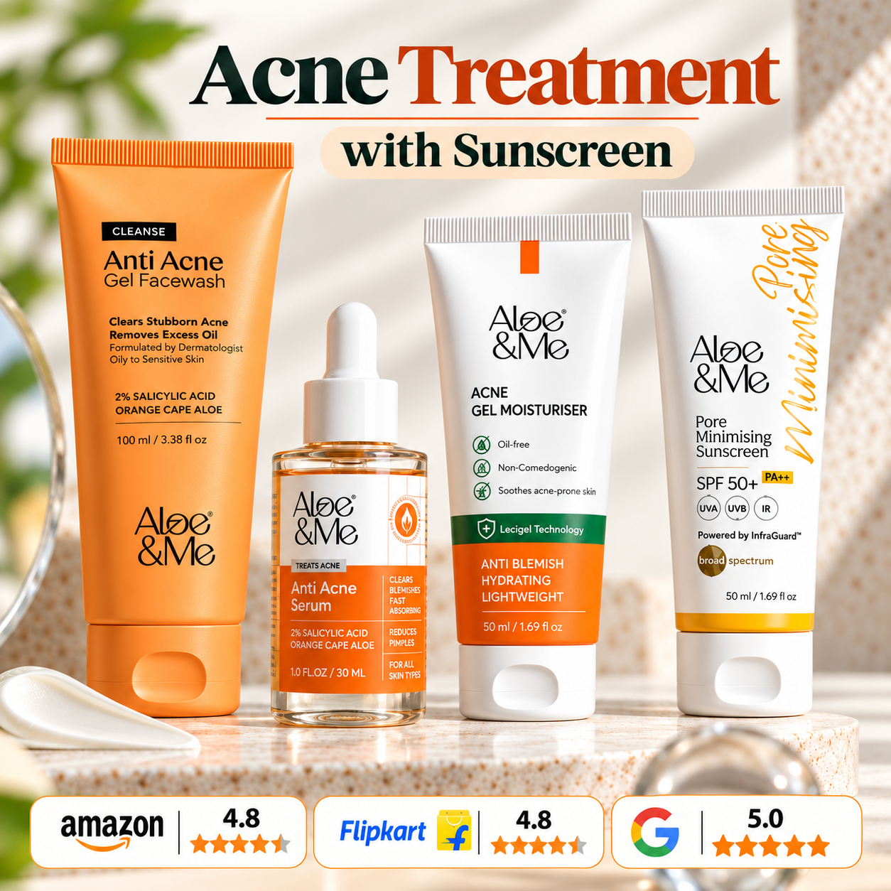 Aloe&Me 4-Step Anti Acne Kit featuring Anti Acne Gel Facewash, Anti Acne Serum, Pore Minimising Sunscreen, and Acne Gel Moisturiser arranged on stone platforms against a clean, minimal background.