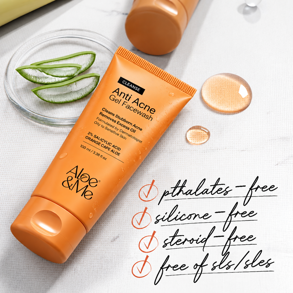 Aloe&Me Anti Acne Gel Facewash with claims for phthalate-free, silicone-free, steroid-free and SLS/SLES-free formulation