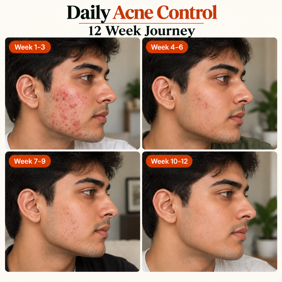 Daily Acne Control 12 Week Journey showing a man's acne gradually improving from active breakouts to clearer-looking skin across four stages