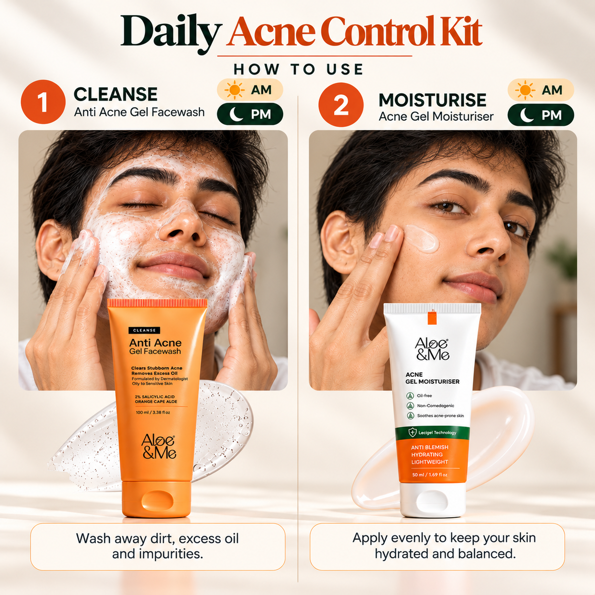 Daily Acne Control Kit 2-step acne routine showing Anti Acne Gel Facewash for cleansing and Acne Gel Moisturiser for moisturising.
