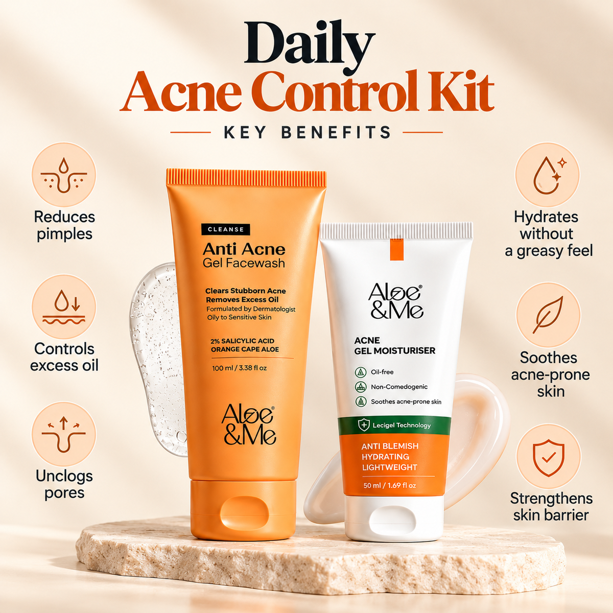 Daily Acne Control Kit featuring Anti Acne Gel Facewash and Acne Gel Moisturiser with key benefits including reducing pimples, controlling excess oil, unclogging pores, hydrating skin, and soothing acne-prone skin.