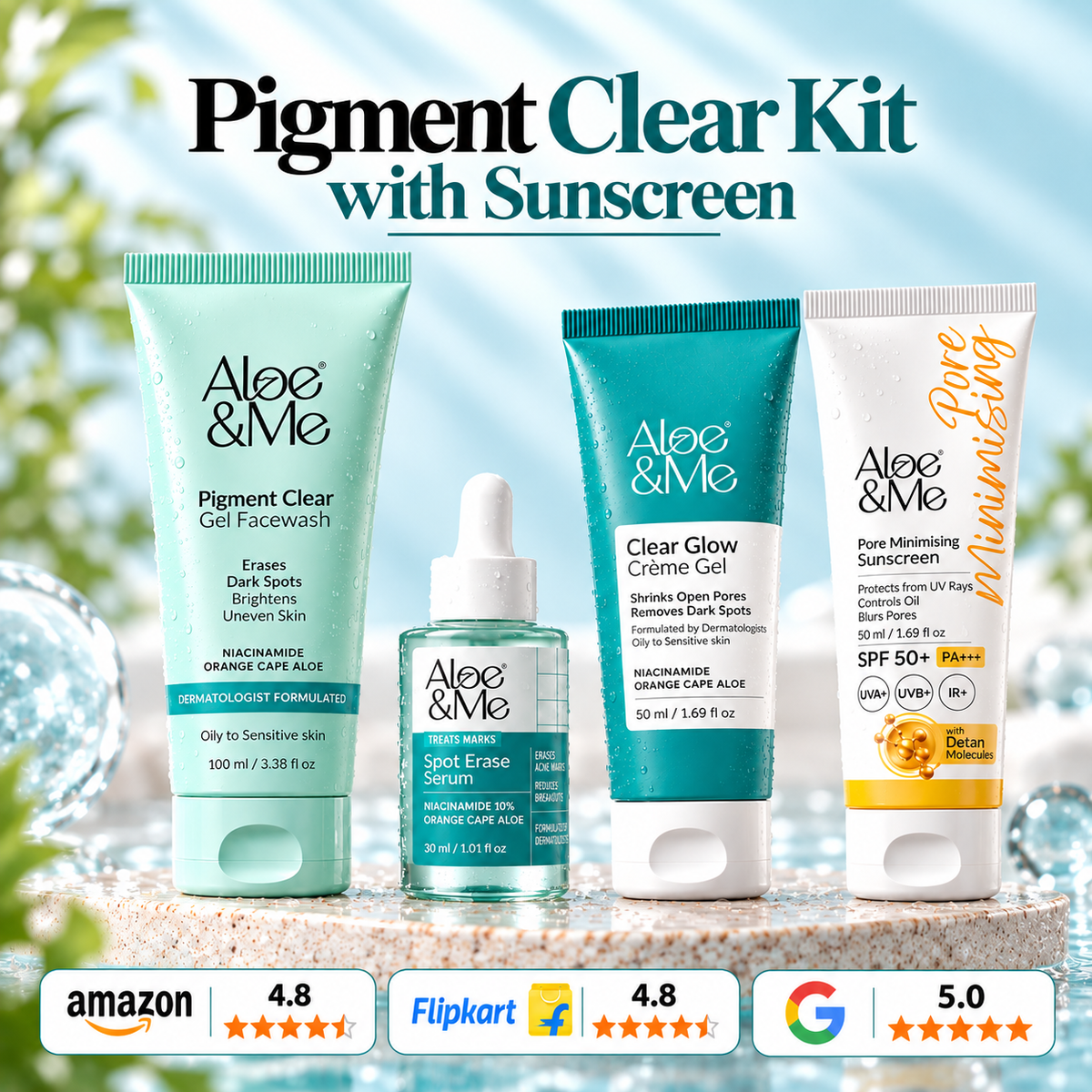 Aloe&Me Pigment Clear Kit with Sunscreen featuring Pigment Clear Gel Facewash, Spot Erase Serum, Clear Glow Crème Gel, and Pore Minimising Sunscreen SPF 50+ PA+++ on a bright aqua background, with Amazon, Flipkart, and Google ratings
