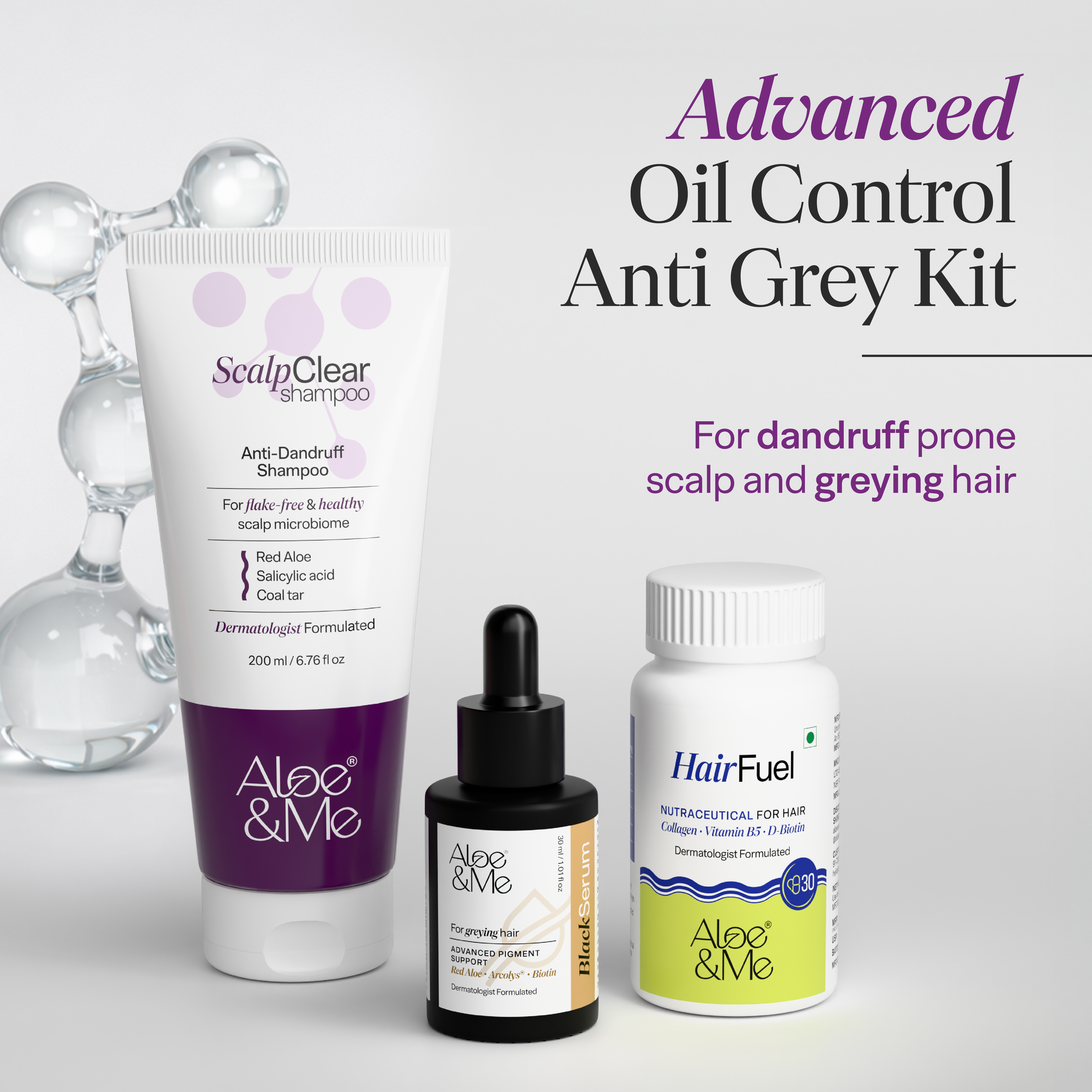 Advanced Oil Control Anti-Grey Kit with Black Serum & Hairfuel | Complete Premature Greying Care System